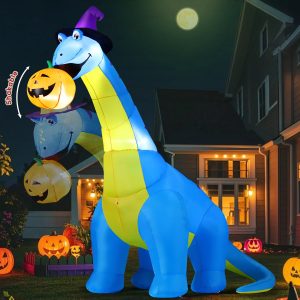 COMIN Halloween Inflatables Outdoor Decorations 10 FT Tall Dinosaurs Eating Pumpkin with Shake Head Blow Up Yard Decoration with Built-in LED for Yard Garden Party Lawn